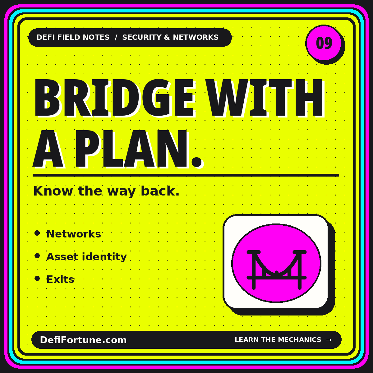 Yellow Bridge With a Plan typography card with an original pink bridge illustration.