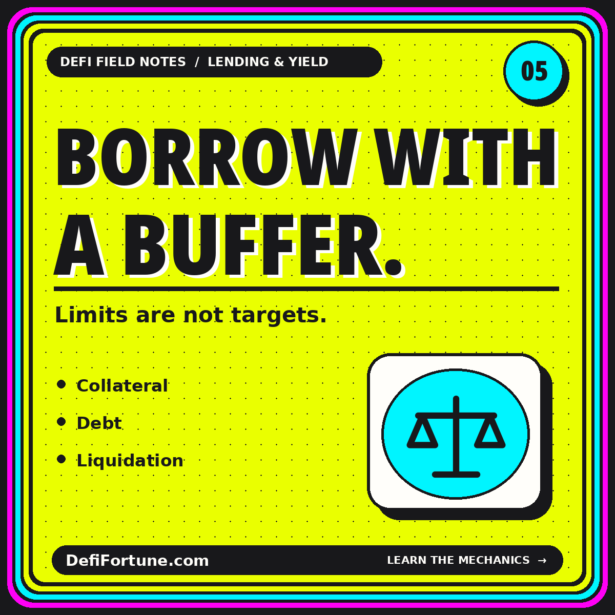 Yellow Borrow With a Buffer typography card with a collateral balance-scale illustration.