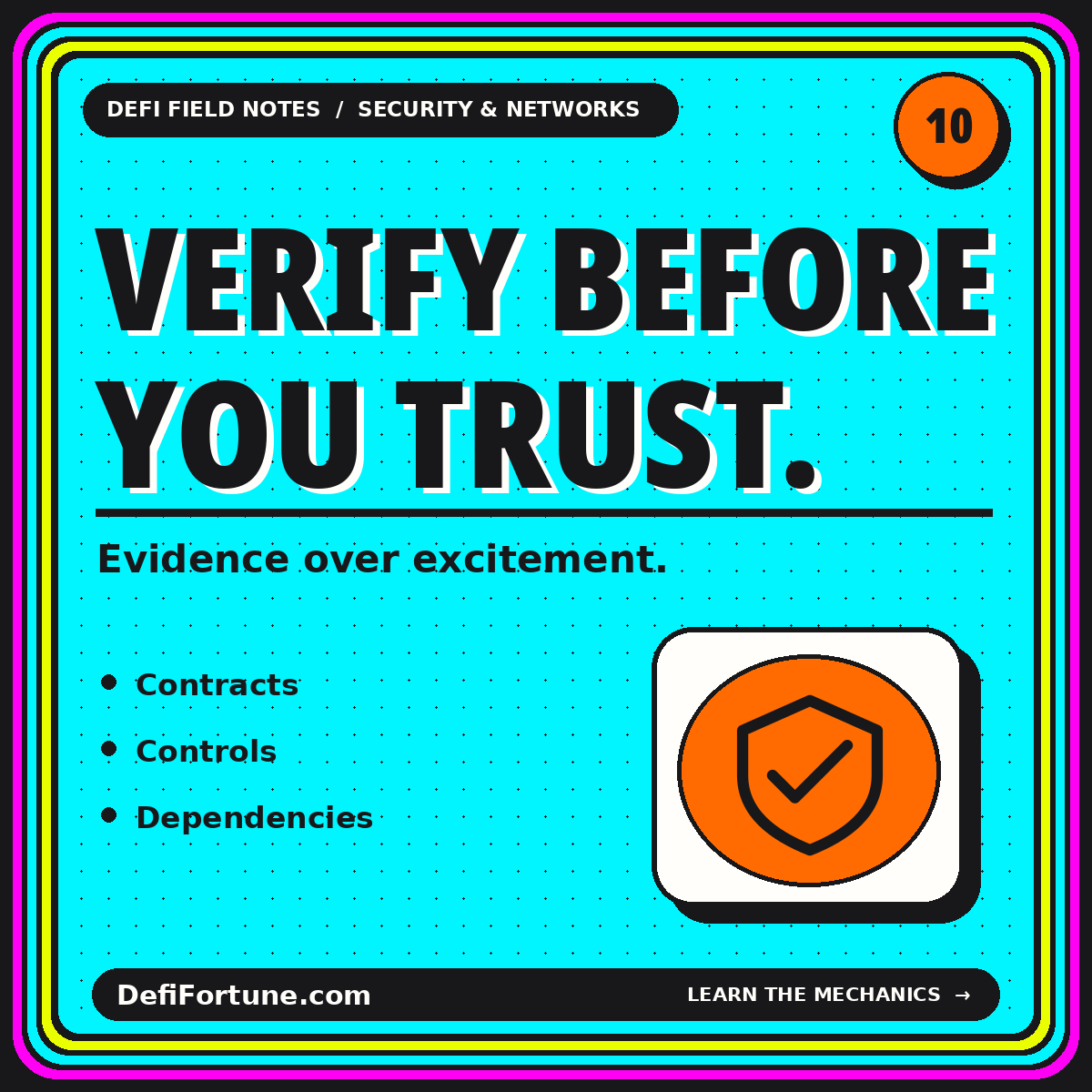 Cyan Verify Before You Trust typography card with an orange shield and check mark.