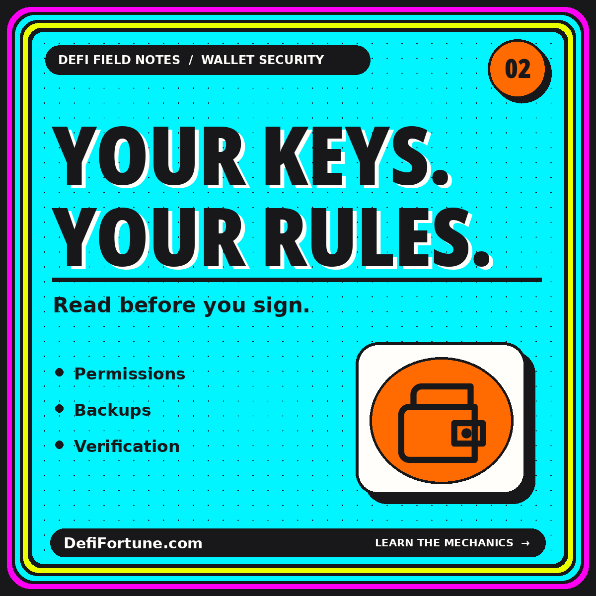 Cyan Your Keys, Your Rules typography card with an orange wallet illustration.
