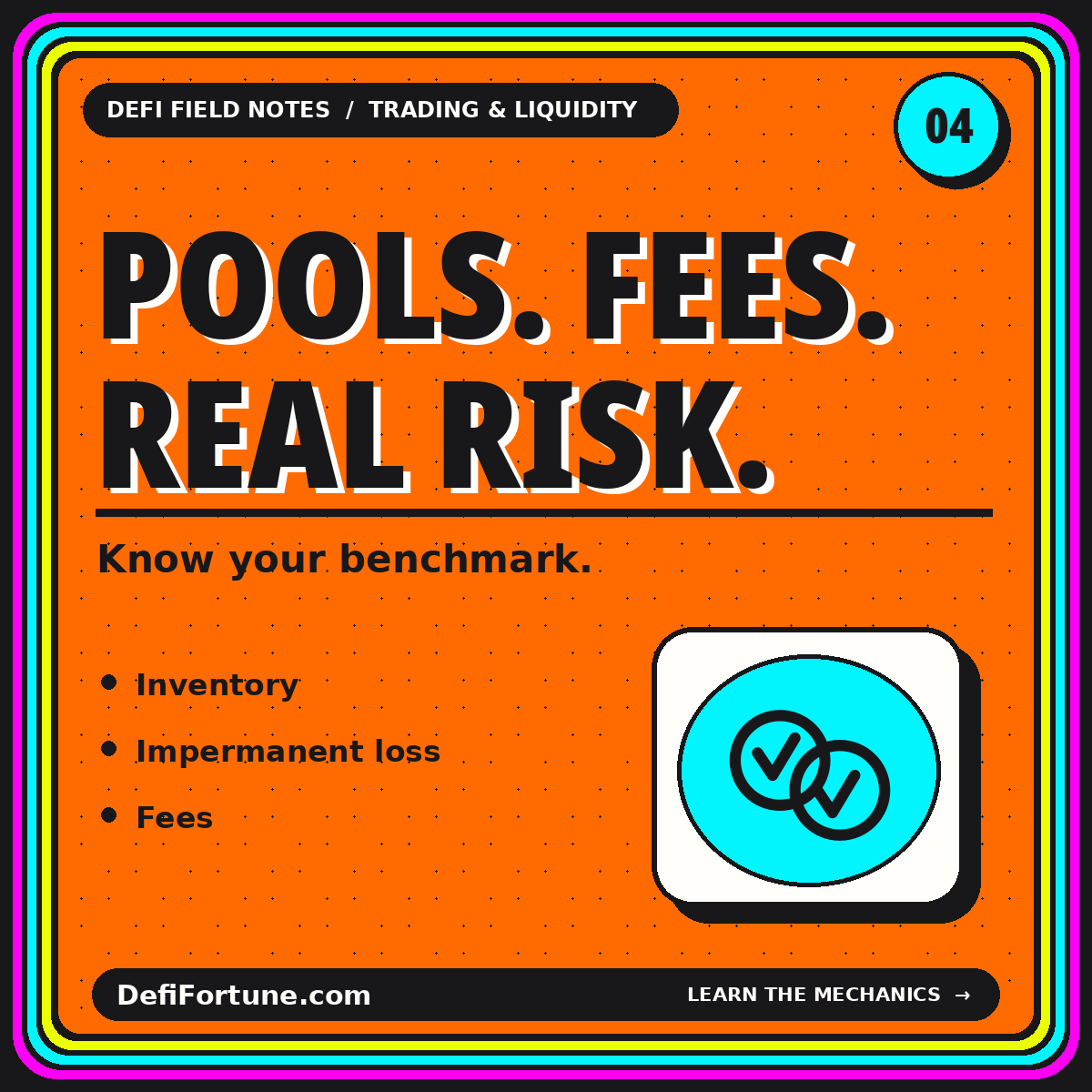 Orange Pools, Fees, Real Risk typography card with overlapping liquidity-token symbols.
