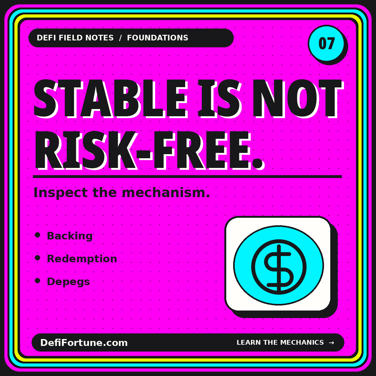 Pink Stable Is Not Risk-Free typography card with an original dollar-token illustration.