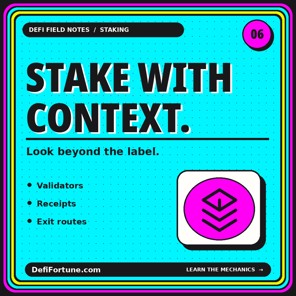 Cyan Stake With Context typography card with a pink layered-validator illustration.